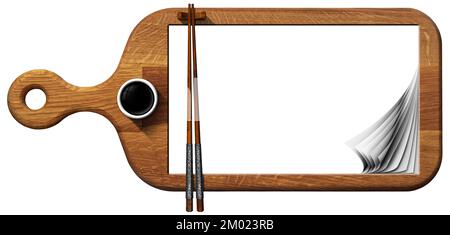 Background for Sushi Menu. Wooden cutting board with empty white curled pages, wooden chopsticks, and bowl of soy sauce. Isolated on white background. Stock Photo