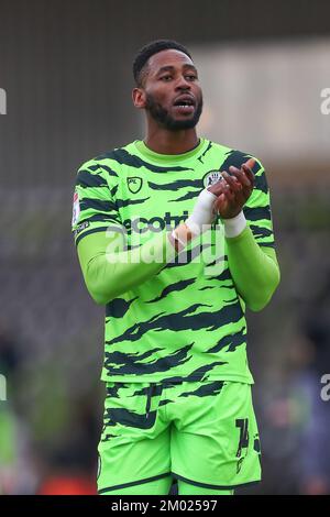 Jamille Matt #14 of Forest Green Rovers applauds the home fans after the Sky Bet League 1 match Forest Green Rovers vs Cambridge United at The New Lawn, Nailsworth, United Kingdom, 3rd December 2022  (Photo by Gareth Evans/News Images) Stock Photo