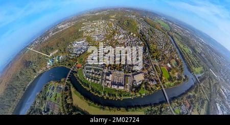 Luftbild, Stadtansicht Herdecke, Harkortsee und Fluss Ruhr, Ruhr-Viadukt Herdecke, Quartier Ruhr-Aue, Fisheye Aufnahme, Fischaugen Aufnahme, 360 Grad Stock Photo