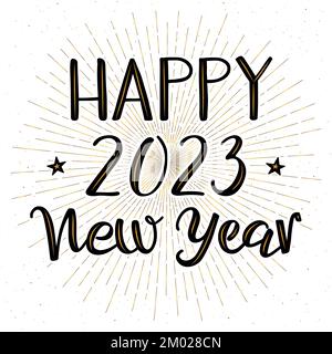 Happy New Year 2023 greeting card. Handwritten modern brush ink calligraphy. Golden glow on the letters and fireworks in the background. Salute. Stock Vector