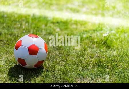 Leather soccer ball on the football pitch. Stock Photo