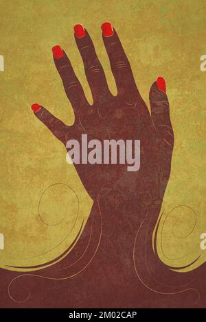 Human hand with red nail polish, silhouette with decorative swirls textured illustration. Stock Photo