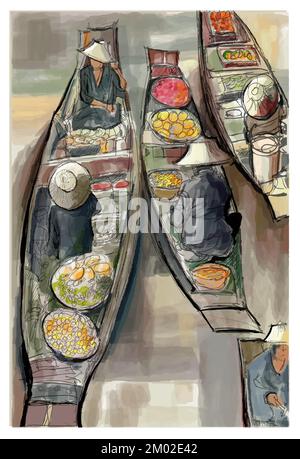 Boats in a floating market in Thailand - vector illustration Stock Vector