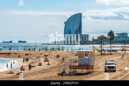 Lifeguard Booth on Urban Beach in Barcelona, Catalonia, Spain, Europe Stock Photo