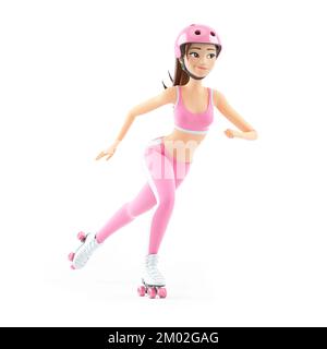 3d sporty woman doing roller skates, illustration isolated on white background Stock Photo