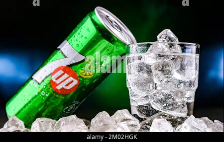 POZNAN, POL - NOV 24, 2022: Can of 7up, a lemon-lime-flavored non-caffeinated soft drink owned by Keurig Dr Pepper Stock Photo