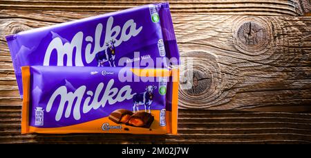 POZNAN, POL - AUG 17, 2022: Milka chocolates, a brand of chocolate confection which originated in Switzerland in 1825 and since 1990 has been manufact Stock Photo