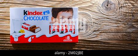 POZNAN, POL - AUG 17, 2022: Kinder Chocolate, a confectionery product brand line produced by Italian confectionery company Ferrero Stock Photo