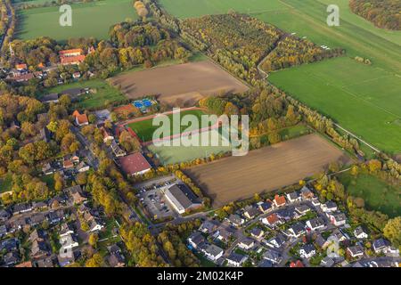 Aerial view, sports field, Heeren Castle, Heeren-Werve, Kamen, Ruhr area, North Rhine-Westphalia, Germany, DE, Europe, Soccer field, Soccer stadium, H Stock Photo