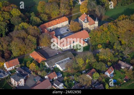 Aerial view, Heeren castle, autumn forest, Heeren-Werve, Kamen, Ruhr area, North Rhine-Westphalia, Germany, Colorful trees, Burg, Trees in autumn colo Stock Photo