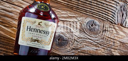 POZNAN, POL - APR 13, 2022: Bottle of Hennessy, a brand of famous cognac from Cognac, France Stock Photo
