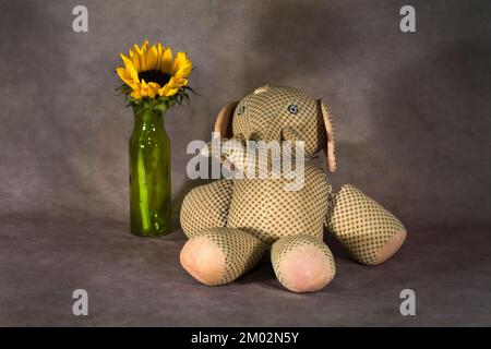 A hundred year old stuffed elephant child's toy and a single rose in a vase. Stock Photo