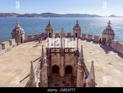 Lisbon, Portugal.  The 16th century Torre de Belem or Tower of Belem. The bulwark terrace seen from the balcony of The King's Chamber.  The tower is a Stock Photo
