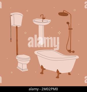 Bathroom furniture. Sink, bathtub, toilet, shower faucet. Vector isolated illustration on a beige background. Stock Vector