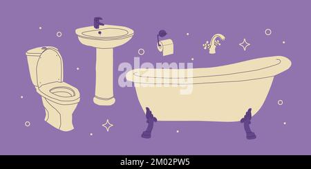 Bathroom furniture. Sink, faucet and toilet paper holder. Vector isolated illustration on purple background. Stock Vector