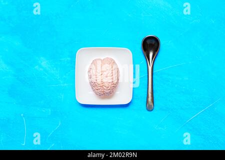 Brain-healthy dieting concept: miniature human brain model on a tiny white plate and small silver spoon isolated on blue background. Stock Photo