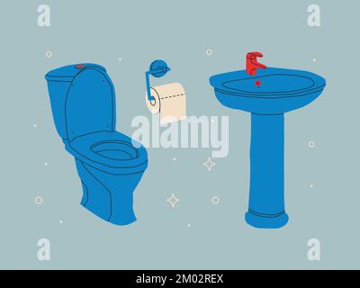 Bathroom furniture. Sink, toilet and toilet paper holder. Vector isolated illustration. Stock Vector