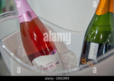 Tasting of white and brut rose champagne sparkling wine from flute glasses  Stock Photo - Alamy