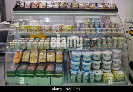 Kyiv, Ukraine - November 04, 2021: Different traditional dairy products booth at Wine and Spirits Exhibition, main event for wine and spirits market i Stock Photo