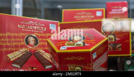 Kyiv, Ukraine - November 04, 2021: Mozart milk chocolate candies at Wine and Spirits Exhibition. Largest producer of Mozartkugeln is the German compan Stock Photo