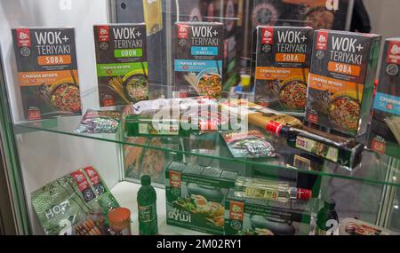 Kyiv, Ukraine - November 04, 2021: Ingredients for cooking sushi at Wine and Spirits Exhibition, the main event for the wine and spirits market in Eas