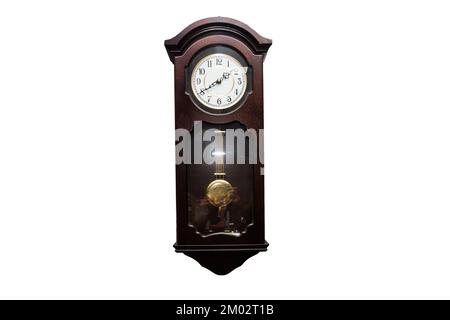 vintage wooden wall pendulum ,clock on white background. Stock Photo