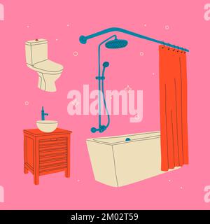 Bathroom furniture. Sink, bathtub, toilet, shower faucet. Vector isolated illustration on a pink background. Stock Vector