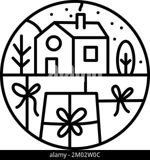 Christmas logo advent composition house and gift boxes. Hand drawn winter vector constructor monoline in two half round frames for greeting card Stock Vector