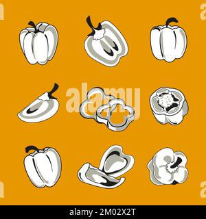 Set of sweet pepper, bell pepper, whole and cut into slices and Stock Vector