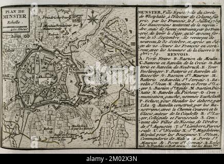 War of the Seven Years (1756-1763). Plan of Münster, 1759. Episcopal city of the imperial circle of Westphalia. It was taken by the French on 8 July 1759. The Hanoverians tried to retake Munster, but on 15 September the French succeeded in lifting the siege of the town. The Hanoverians returned again on 30 October, and after a 20-day siege, the French had to abandon it, leaving with the honours of war on 21 November 1759. Published in 1765 by the cartographer Jean de Beaurain (1696-1771) as an illustration of his Great Map of Germany, with the events that took place during the Seven Years War. Stock Photo