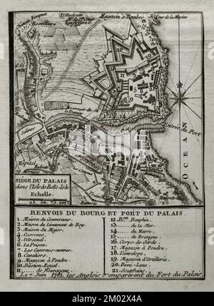 Seven Years War (1756-1763). Capture of Belle Isle (June 1761). The British succeeded in storming the main citadel of the island, located on the Atlantic coast off Brittany, after a second landing led by General Studholme Hodgson and a subsequent six-week siege. Map published in 1765 by the cartographer Jean de Beaurain (1696-1771) as an illustration of his Great Map of Germany, with the events that took place during the Seven Years War. French edition, 1765. Military Historical Library of Barcelona (Biblioteca Histórico Militar de Barcelona). Catalonia. Spain. Stock Photo