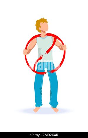 Young man protesting tearing up prohibition sign. Rebellion conc Stock Vector