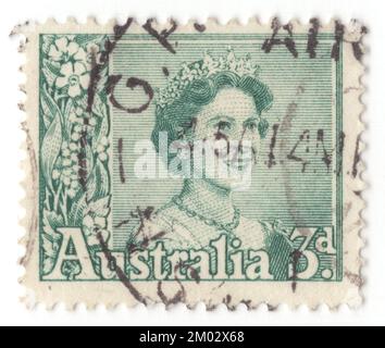 AUSTRALIA — 1959 May 20: An 3 pence bluish green postage stamp depicting portraits of Queen Elizabeth II, reigning monarch of Australia. Elizabeth II was the first reigning monarch of Australia to set foot on Australian soil, coming ashore at Farm Cove, Sydney, on 3 February 1954. She undertook a journey through the Australian Capital Territory, New South Wales, Tasmania, Victoria, Queensland, South Australia and Western Australia, including greeting 70,000 ex-servicemen and women at the Melbourne Cricket Ground and opening the Australian Parliament in Canberra Stock Photo