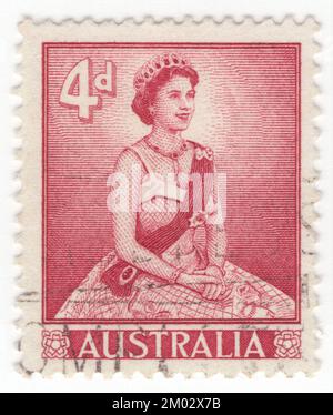 AUSTRALIA — 1959 May 20: An 3 pence bluish green postage stamp depicting portraits of Queen Elizabeth II, reigning monarch of Australia. Elizabeth II was the first reigning monarch of Australia to set foot on Australian soil, coming ashore at Farm Cove, Sydney, on 3 February 1954. She undertook a journey through the Australian Capital Territory, New South Wales, Tasmania, Victoria, Queensland, South Australia and Western Australia, including greeting 70,000 ex-servicemen and women at the Melbourne Cricket Ground and opening the Australian Parliament in Canberra Stock Photo