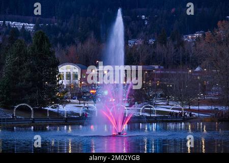 Fountain and Holiday Light display, Lafarge Lake, Town Centre Park, Coquitlam, British Columbia, Canada. Stock Photo