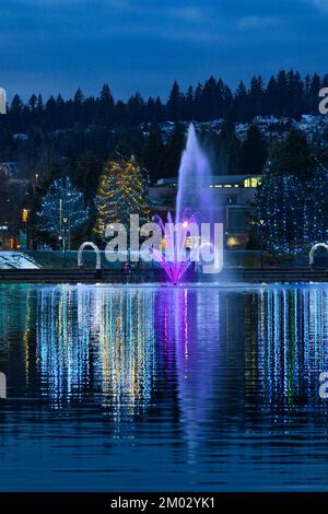 Fountain and Holiday Light display, Lafarge Lake, Town Centre Park, Coquitlam, British Columbia, Canada. Stock Photo