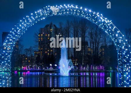 Fountain and Holiday Light display, Lafarge Lake, Town Centre Park, Coquitlam, British Columbia, Canada. Stock Photo