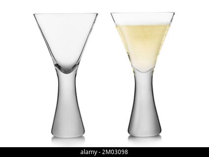 Empty and full wine and champagne glasses on white. Stock Photo