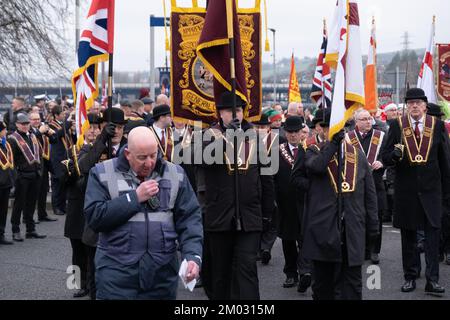 Londonderry, United Kingdom. 3 Dec, 2022. General Committee of the Apprentice Boys of Derry leaving Waterside railway station at Shutting of the Gates 2022. Credit: Steve Nimmons/Alamy Live News Stock Photo