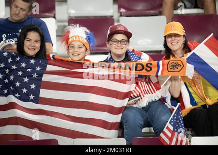 Doha, Qatar. 03rd Dec, 2022. US and Dutch fans during the FIFA World Cup Qatar 2022 Round of 16 match between Netherlands and USA at Khalifa International Stadium on December 03, 2022 in Doha, Qatar. Photo by David Niviere/ABACAPRESS.COM Credit: Abaca Press/Alamy Live News Stock Photo