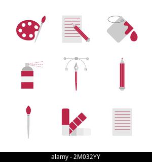 Icons for graphic design. Designer tools. In color of 2023 - Viva Magenta. Website elements on white Stock Vector