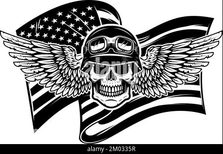 Illustration of winged skull on american flag background. Design element for poster, card, banner, sign, emblem. Vector illustration Stock Vector