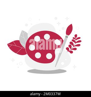 Paint and brush in the modern color of the year 2023 Viva Magenta. Elements for drawing lessons, educational course video tutorial Stock Vector