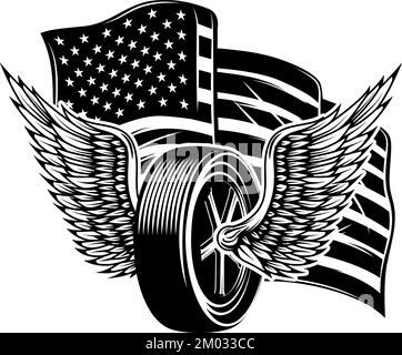 Illustration of winged wheel on american flag background. Design ...