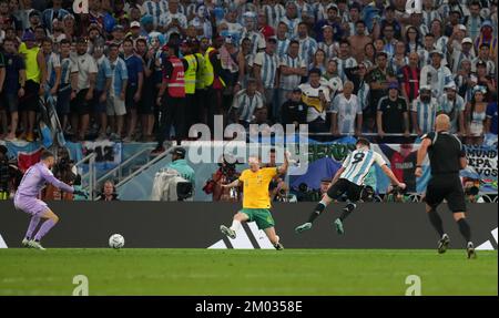 Argentina's Julian Alvarez (right) scores their side's second goal of the game during the FIFA World Cup round of 16 match at the Ahmad Bin Ali Stadium in Al Rayyan, Qatar. Picture date: Saturday December 3, 2022. Stock Photo