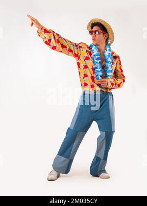 Young man in stylish colorful 60's outfit on white Stock Photo