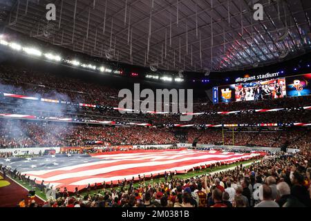 Las Vegas, NV, USA. 2nd Dec, 2022. The American Flag covers the field prior to the start of the Pac-12 Championship Game featuring the Utah Utes and the USC Trojans at Allegiant Stadium in Las Vegas, NV. Christopher Trim/CSM/Alamy Live News Stock Photo