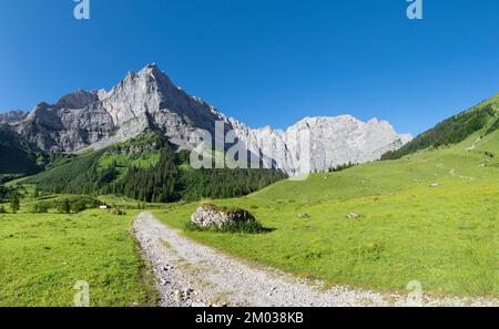 The morning panorama of north walls of Karwendel mountains - walls of Spritzkar spitze and Grubenkar spitze from Enger tall  - Grosser Ahornboden wall Stock Photo