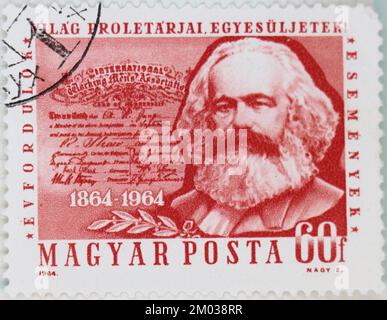 Photo of a postage stamp from Hungary Centenary of First International Karl Marx 1818-1893 politician Anniversaries Events II series 1964 Stock Photo