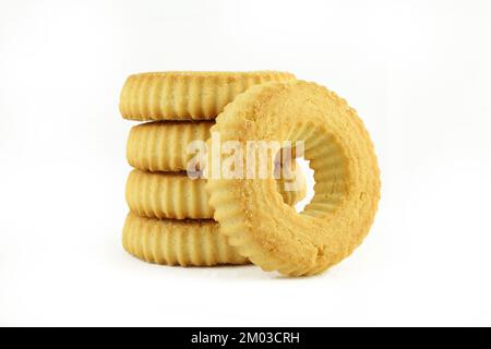 Stack of ring shaped tea cookies isolated on white background Stock Photo